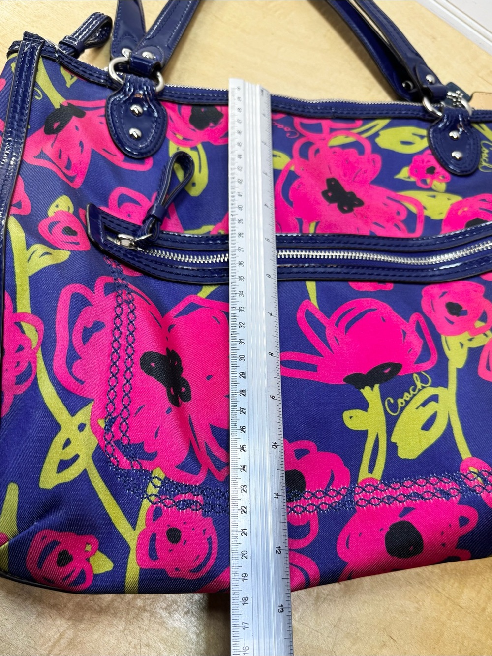 Coach Hallie Poppy Navy Floral Shoulder Bag with Hot Pink & Lime Accents - Picture 13 of 14
